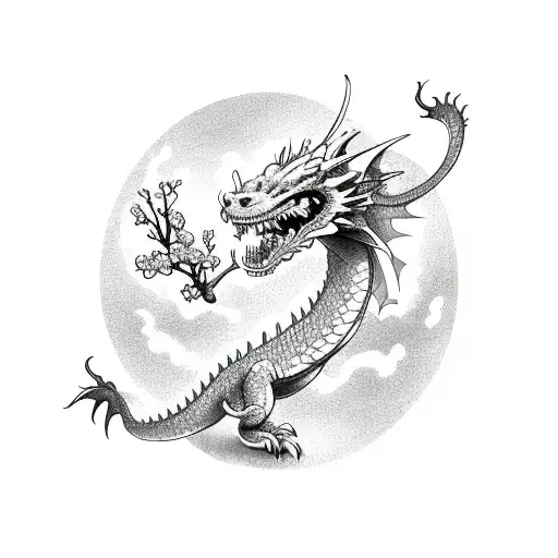 A dragon intertwined with a blooming cherry blossom tree tattoo design idea