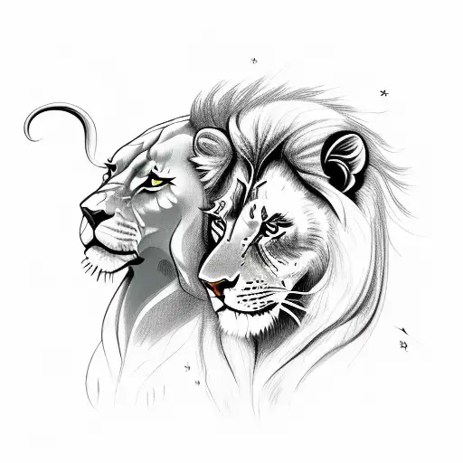 A sketch-style design featuring a majestic lion and an Aquarius woman partnered that can cover the whole stomach and und tattoo design idea