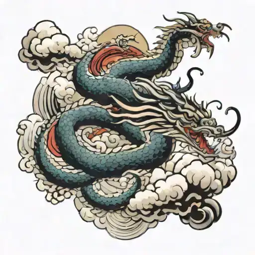 dragon flying upwards from clouds forming the shape tattoo design idea