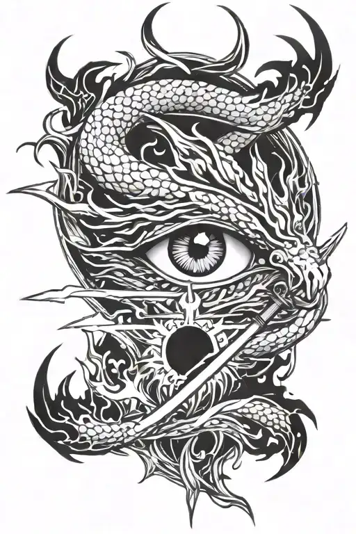 women eye with fire sword and dragon wrapped tattoo design idea