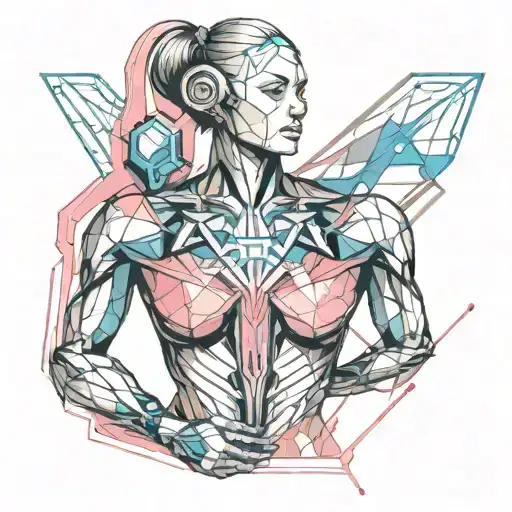 feminine chest tattoo of a cybernetic power source with pink and blue tattoo design idea