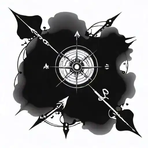 A compass rose intertwined with hunting arrows and camping tools tattoo design idea