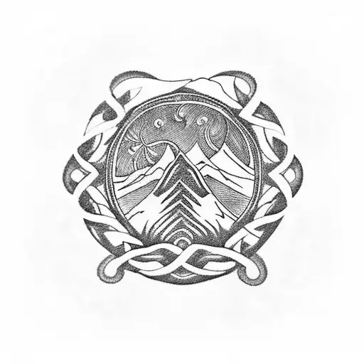 henna-style incorporating mountains, knotwork, thistle, oak tree, fleur-de-lis, triple knot, and traveller's palm tattoo design idea