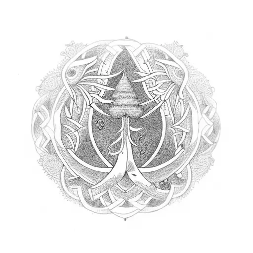 sleeve tattoo with mountains, knotwork, thistle, oak tree, fleur-de-lis, triple knot, lotus flower and ravenalla palm tattoo design idea