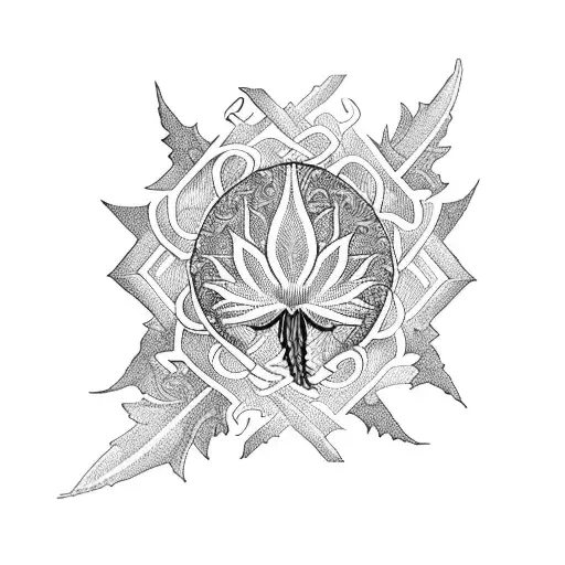 blackwork sleeve tattoo with mountains, knotwork, thistle, oak tree, fleur-de-lis, lotus flower and ravenala palm tattoo design idea