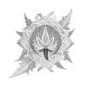 blackwork sleeve tattoo with mountains, knotwork, thistle, oak tree, fleur-de-lis, lotus flower and ravenala palm tattoo design idea