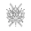 blackwork sleeve tattoo with mountains, knotwork, thistle, oak tree, fleur-de-lis, lotus flower and ravenala palm tattoo design idea