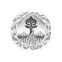 blackwork sleeve tattoo with mountains, knotwork, thistle, oak tree, fleur-de-lis, lotus flower and ravenala palm tattoo design idea