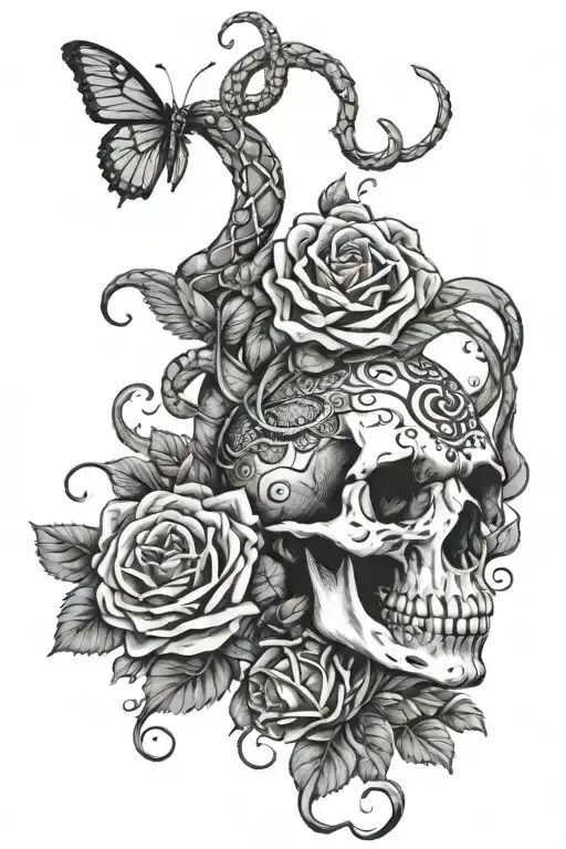 snake inside skull with roses. add a lion and phonix  tattoo design idea
