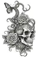 snake inside skull with roses. add a lion and phonix  tattoo design idea