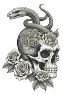 snake inside skull with roses. add a lion and phonix  tattoo design idea
