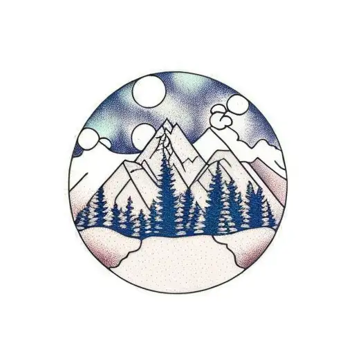 3 pine trees and 2 birch trees with a mountain in the background  tattoo design idea