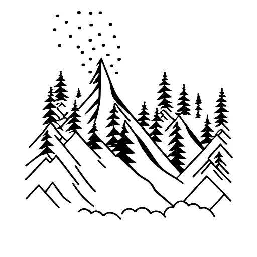 3 pine trees and 2 birch trees with a mountain in the background  tattoo design idea