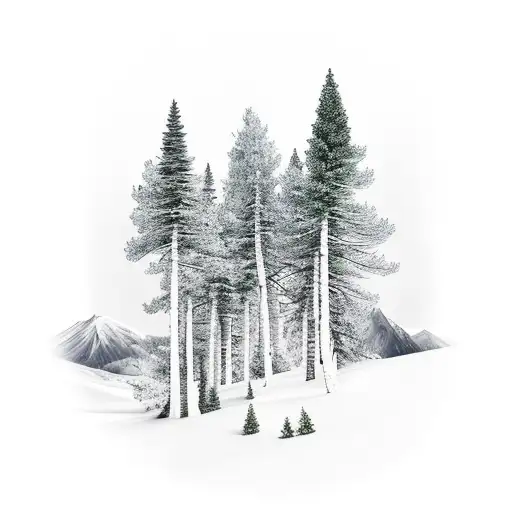 3 pine trees and 2 birch trees with a mountain in the background  tattoo design idea