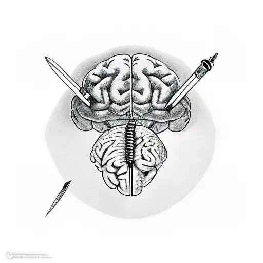 brain with dagger going through it and a medicine snake wrapped around the dagger tattoo design idea