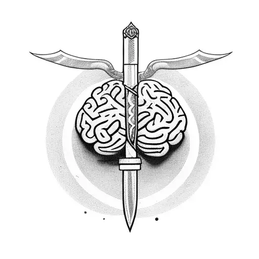 brain with dagger going through it and a medicine snake wrapped around the dagger tattoo design idea