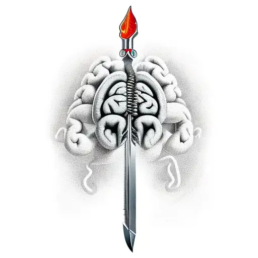 brain with medical dagger  going through it, from top to bottom and a snake wrapped around the handle of the dagger tattoo design idea