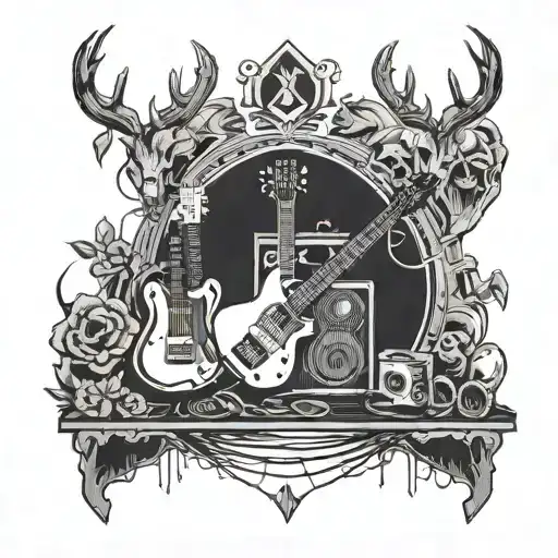 A rock concert stage with blackwork elements of deer skulls and guitars tattoo design idea
