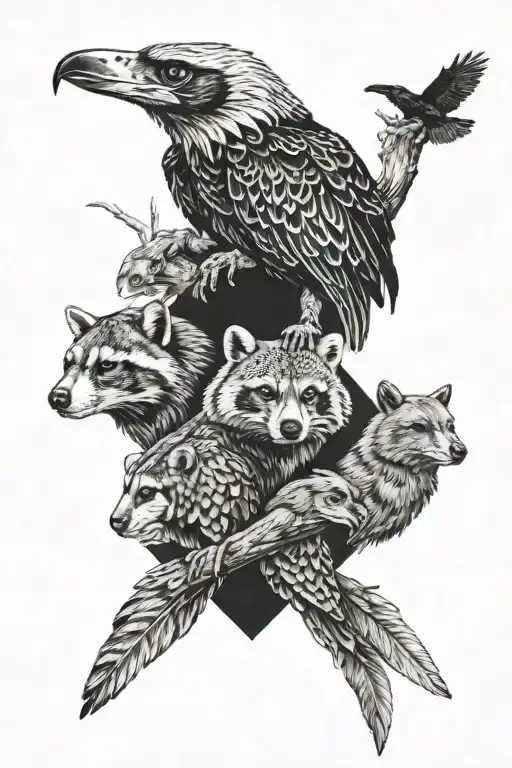 a raccoon a cobra a grizzly bear a rattle snake a bald Eagle a raven tattoo design idea