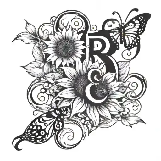 A unique design featuring intertwined initials 'C & R' in a stylized font with sunflower and ladybug accents tattoo design idea
