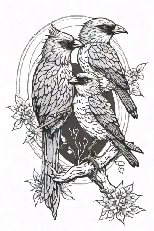 Two birds that care and protect their young, where the male is dominant. tattoo design idea