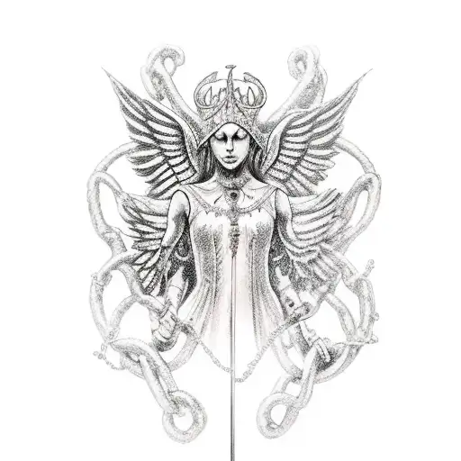 7 archangels blindfolded holding chains and sword tattoo design idea