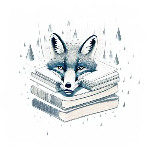 A mesmerizing composition of a fox standing on a pile of books, with rain pouring down and transforming into swords tattoo design idea