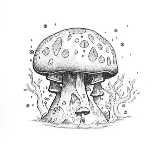 A magical book with thunder and lightning emanating from its pages, surrounded by intricate mushroom illustrations tattoo design idea