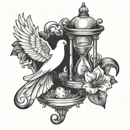 A memorial tattoo featuring a white dove carrying an hourglass with the dates 5/13/68 and 6/26/24 tattoo design idea