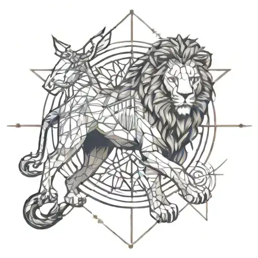 leo zodiac sign with sagittarius zodiac split down the middle side by side tattoo design idea