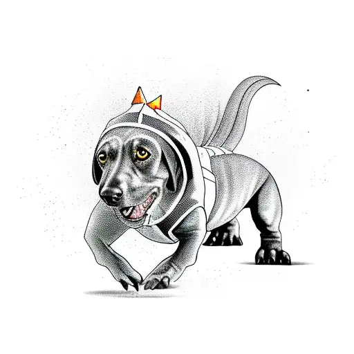 black dachshund in a t-rex costume tattoo design idea