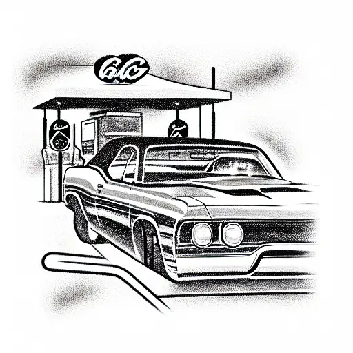 muscle car at gas station route 66 tattoo design idea