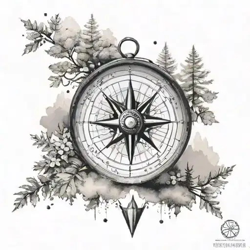 A serene landscape with a compass guiding the way through a peaceful forest tattoo design idea