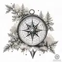 A serene landscape with a compass guiding the way through a peaceful forest tattoo design idea