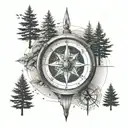 A serene landscape with a compass guiding the way through a peaceful forest tattoo design idea