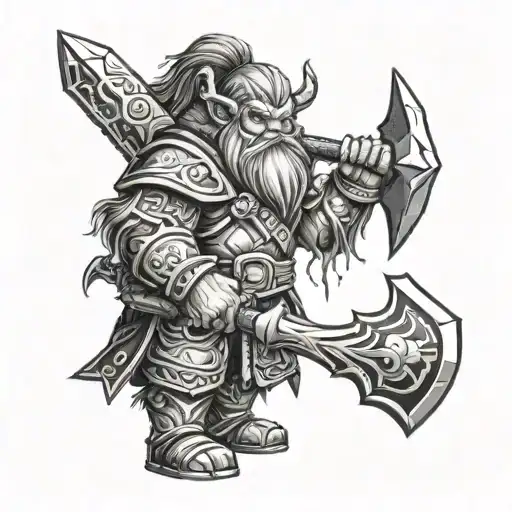 Male dwarf warrior wielding a bloody axe in the world of Warcraft setting tattoo design idea