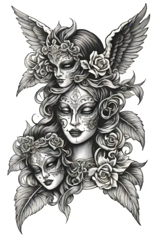 mask angels joy and sorrow tattoo design idea