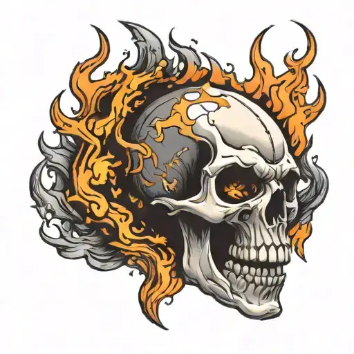 skull on fire with sharp fangs  tattoo design idea