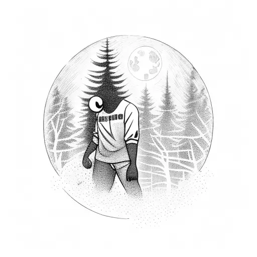 A basketball player with headphones on, standing under a full moon in a forest tattoo design idea