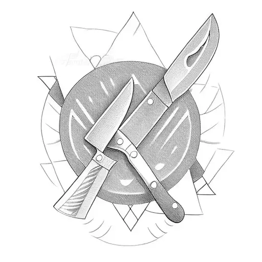 A flash tattoo design of a chef's knife surrounded by various ingredients, showcasing a passion for cooking tattoo design idea