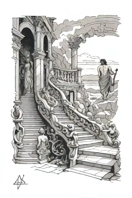 Orpheus looking back down the stairs towards Eurydice  tattoo design idea