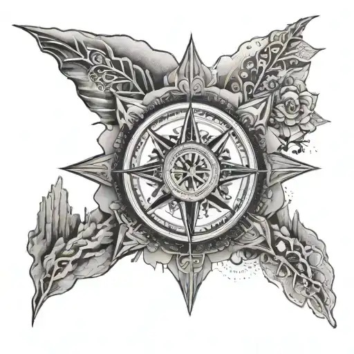 mandala style in black grey with a compass rose on the back of the hand, whole arm, on the upper arm with a mountain, on the elbow a tattoo design idea
