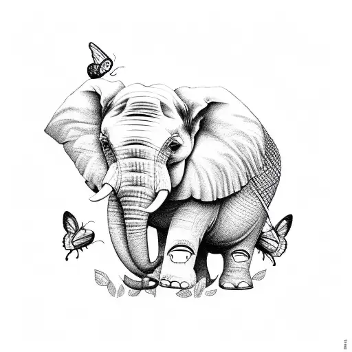 elephant sitting in sunflowers with a butterfly on its trunk tattoo design idea
