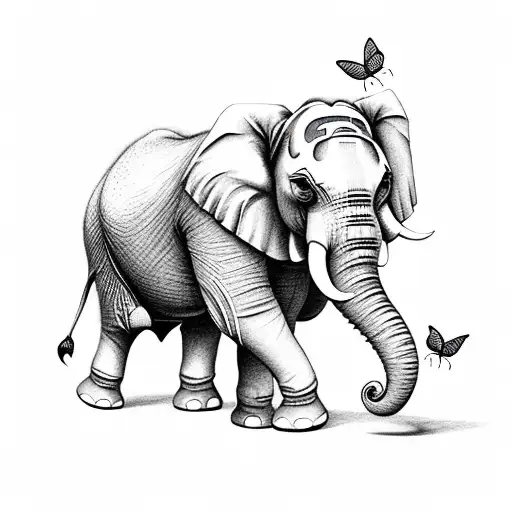elephant sitting in sunflowers with a butterfly on its trunk tattoo design idea