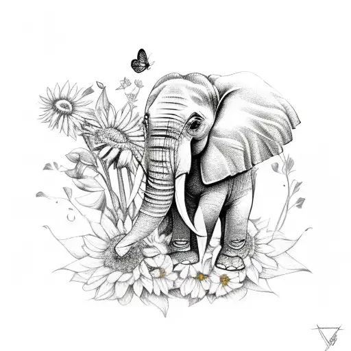 elephant sitting in sunflowers with a butterfly on its trunk tattoo design idea
