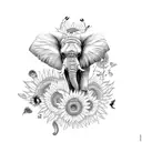 elephant sitting in sunflowers with a butterfly on its trunk tattoo design idea