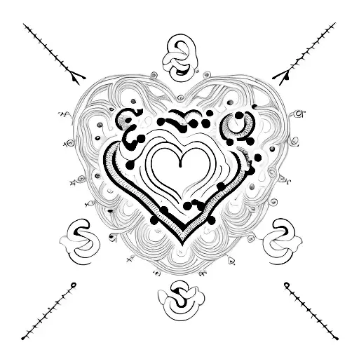 A dotwork tattoo of three hearts, one with a halo, surrounded by playful musical notes tattoo design idea