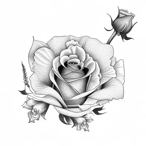 thin line bouquet with 1 iris, 1 carnation, 1 rose, 1 poppy, and 1 bushel of holly berry tattoo design idea