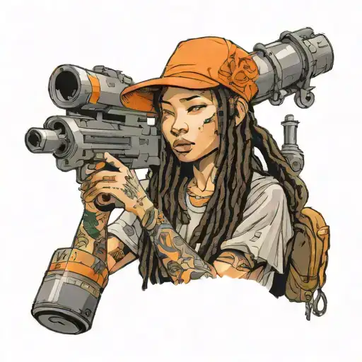girl with dreads and a backwards orange hat dressed in orane and holding a orange rocket launcher valorant raze tattoo design idea