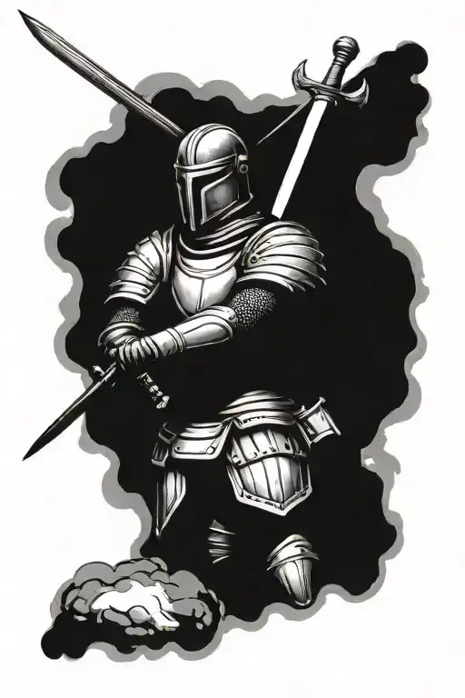 Warrior in armor stabs a sword into his neck and he resists in pain tattoo design idea